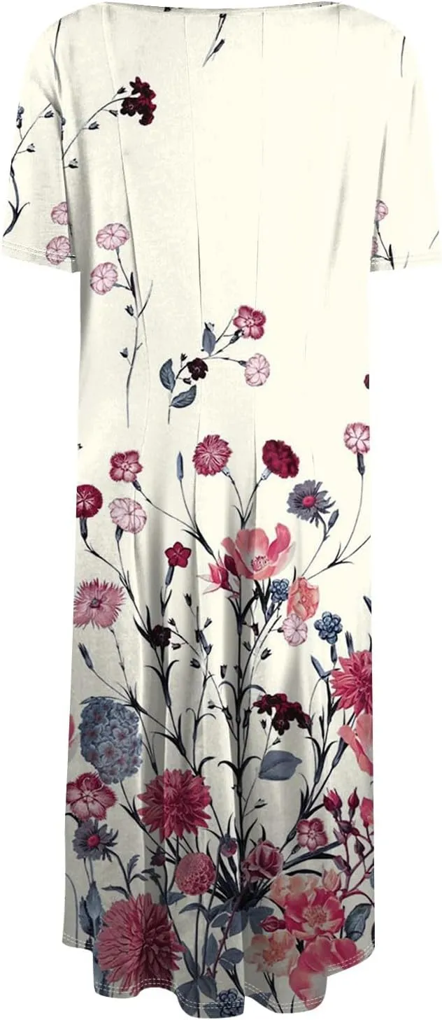 COTECRAM Summer Dress for Women 2025 Vacation Casual Short Sleeve Floral Boho Dresses Beach Flowy Midi Sundress with Pockets