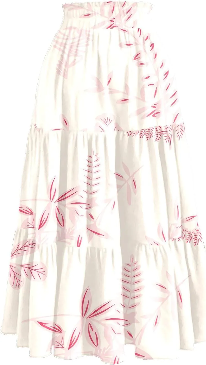 COTECRAM Women's 2025 Bohemian Beach Skirts Flowy High Waist Tiered A Line Midi Skirt Trendy Summer Pleated Long Skirts