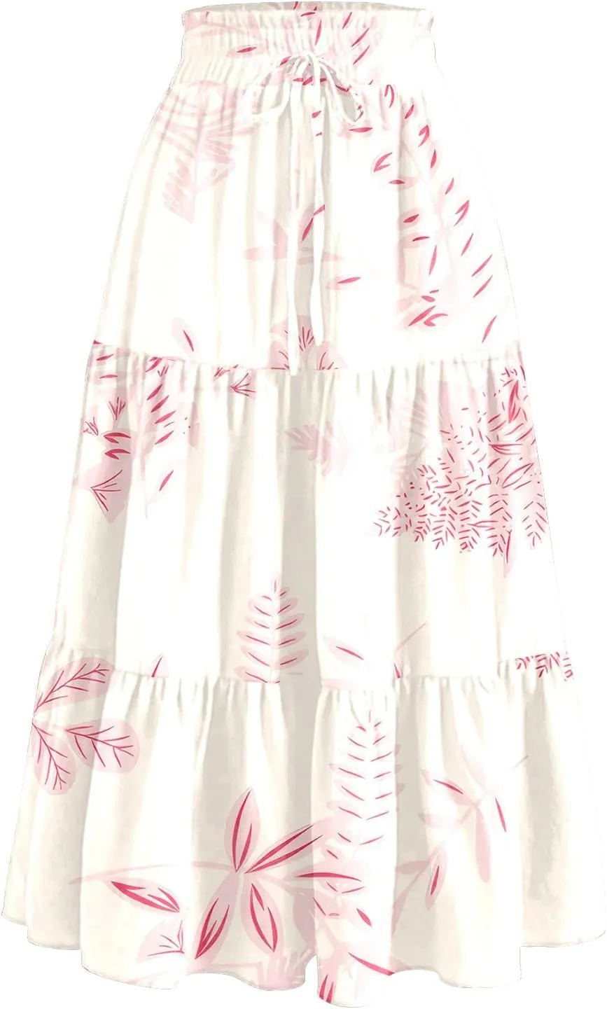 COTECRAM Women's 2025 Bohemian Beach Skirts Flowy High Waist Tiered A Line Midi Skirt Trendy Summer Pleated Long Skirts