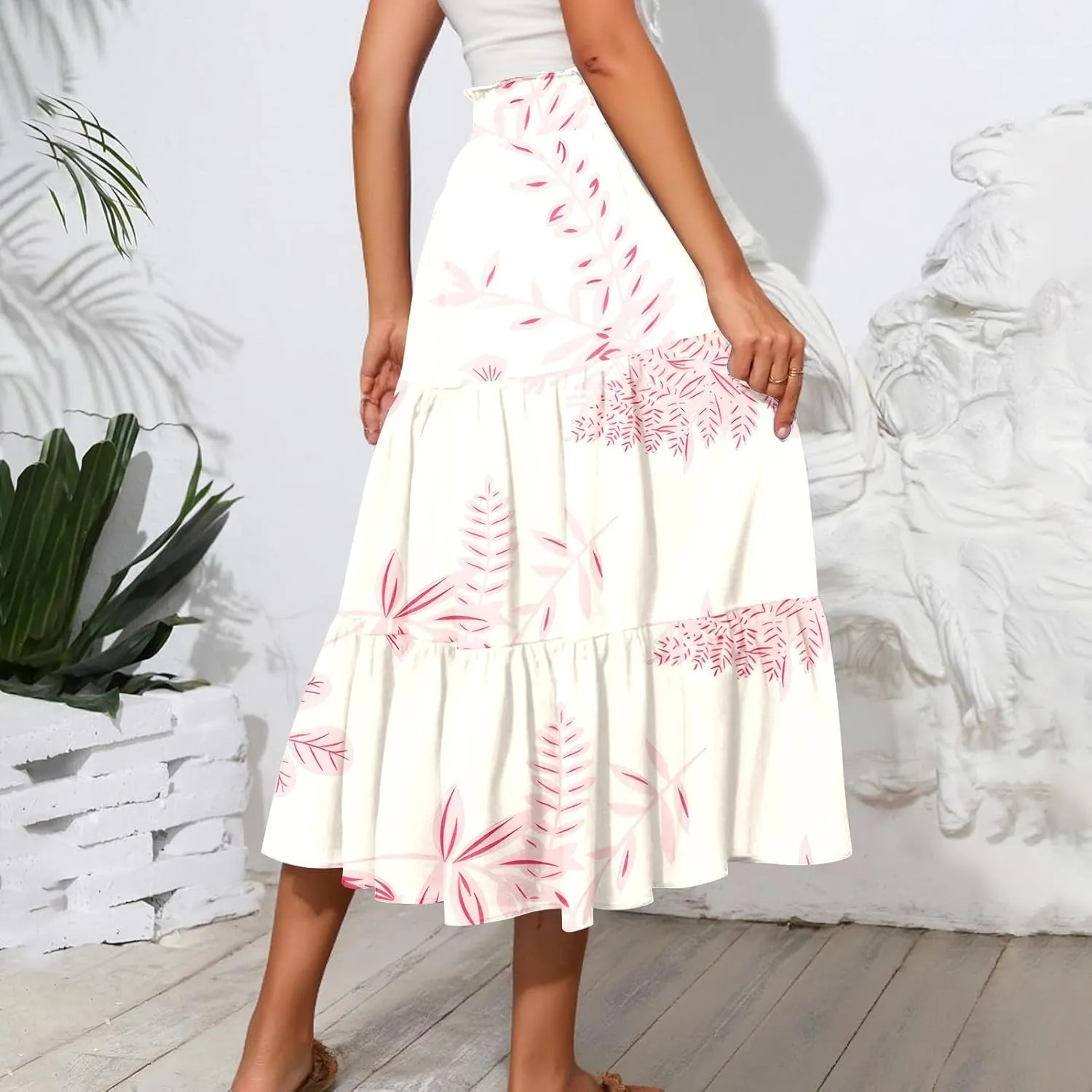 COTECRAM Women's 2025 Bohemian Beach Skirts Flowy High Waist Tiered A Line Midi Skirt Trendy Summer Pleated Long Skirts