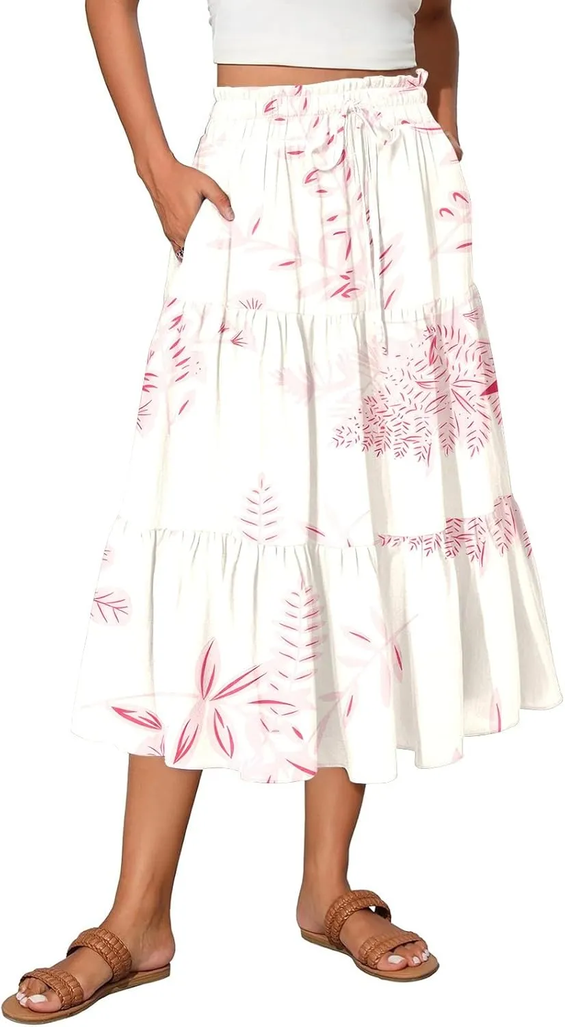 COTECRAM Women's 2025 Bohemian Beach Skirts Flowy High Waist Tiered A Line Midi Skirt Trendy Summer Pleated Long Skirts