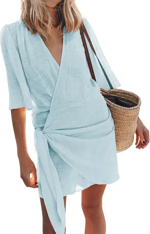 Cotton and Linen V-Neck Midi Dress Short Sleeve Wrap Tie Mini Dress Casual Elegant Beach Work Vacation Travel Dresses