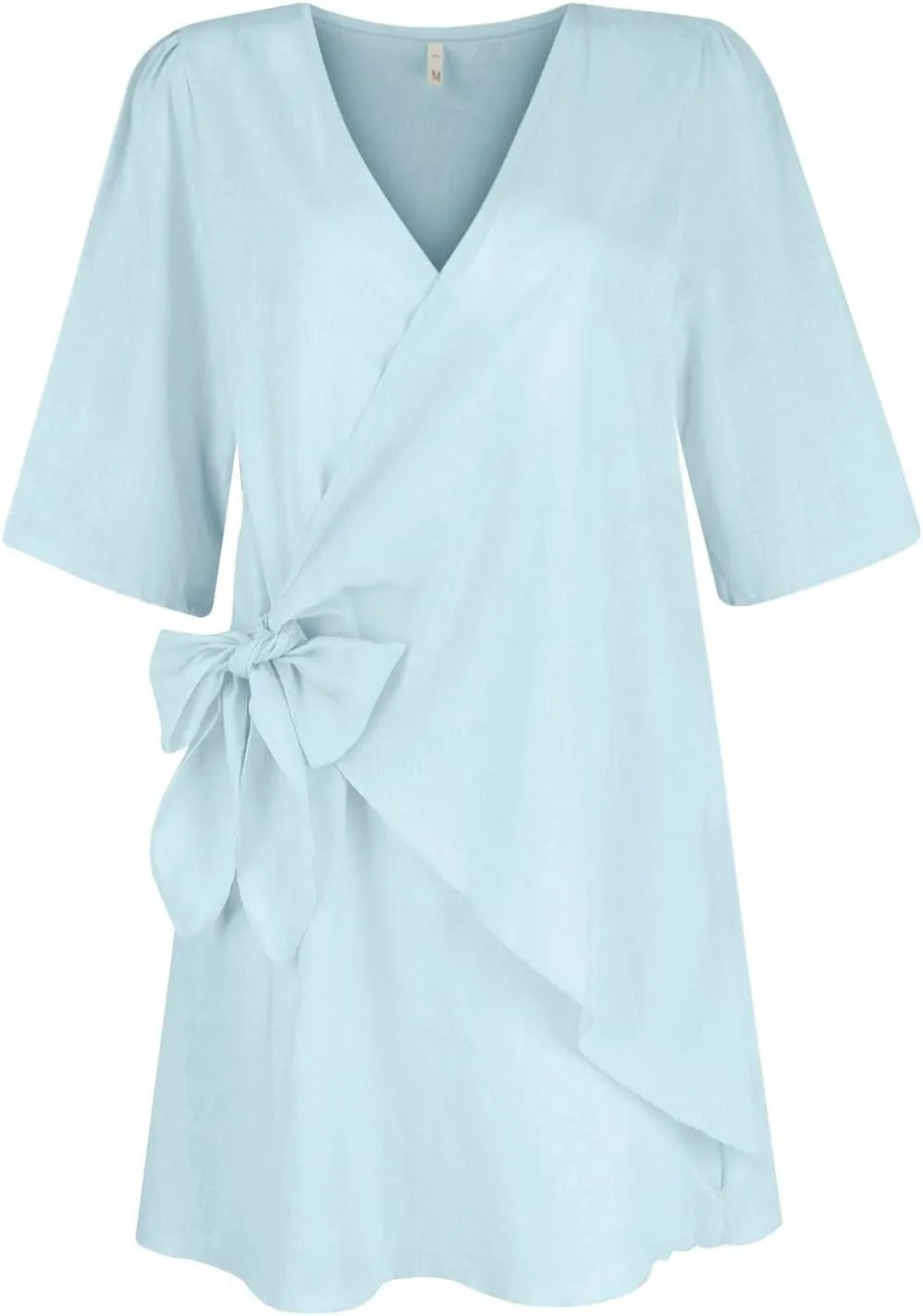 Cotton and Linen V-Neck Midi Dress Short Sleeve Wrap Tie Mini Dress Casual Elegant Beach Work Vacation Travel Dresses