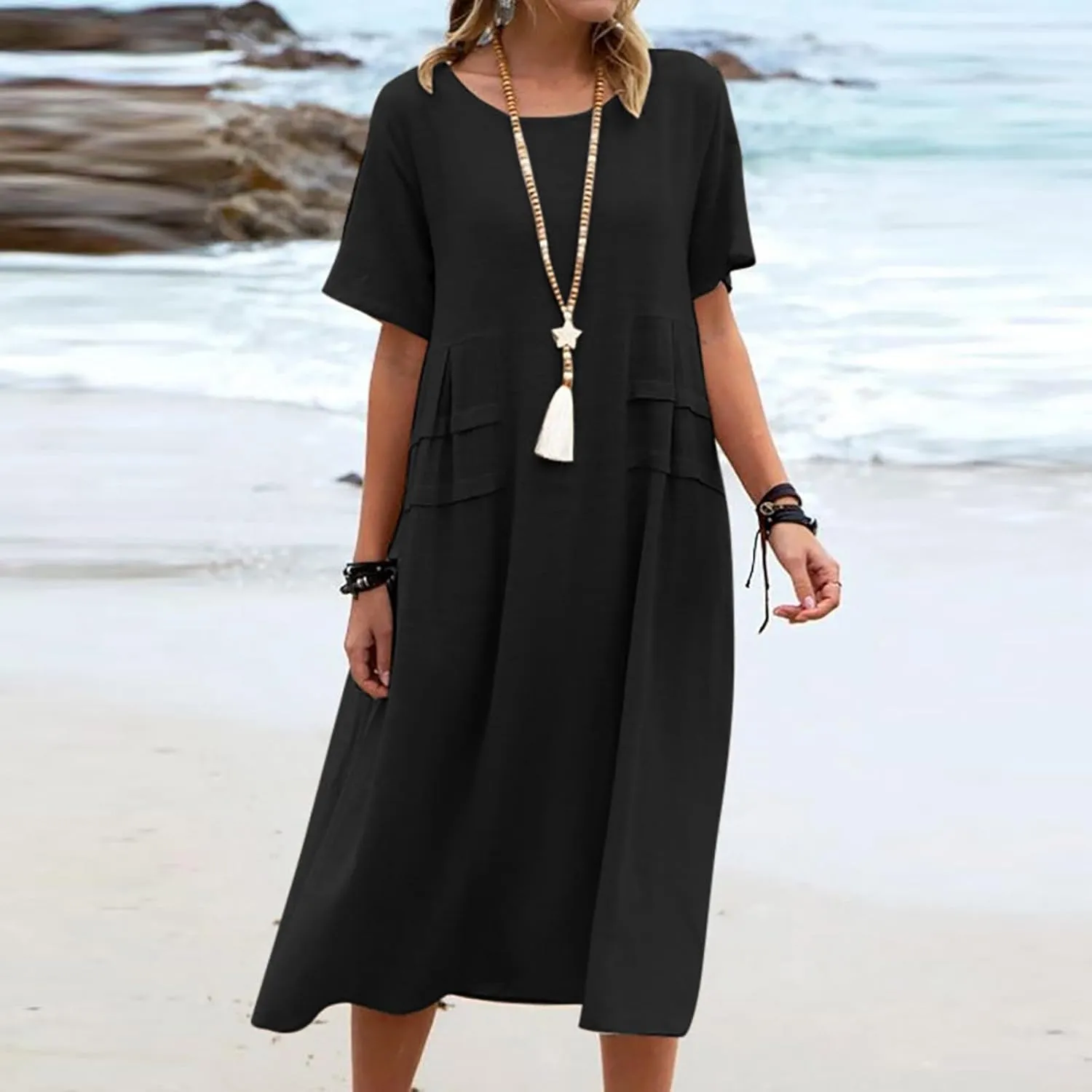 Cotton Linen Dress for Women's Short Sleeve Casual Loose Shift Flowy Summer Midi Dresses Beach Sundresses with Pockets