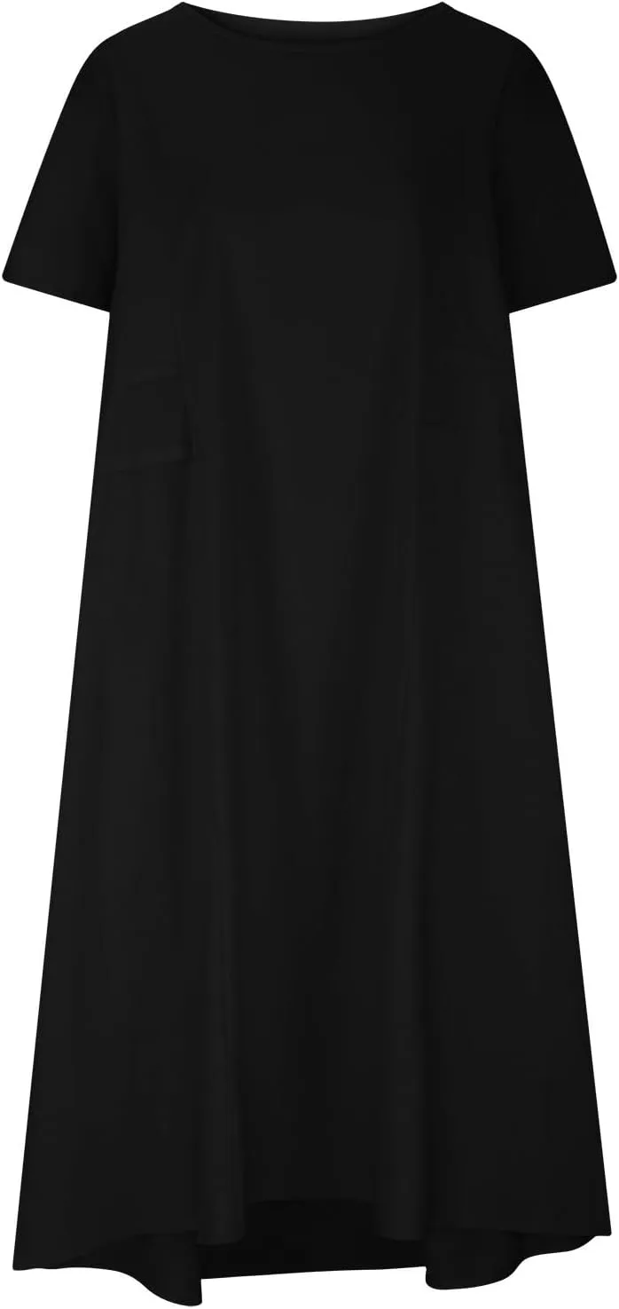 Cotton Linen Dress for Women's Short Sleeve Casual Loose Shift Flowy Summer Midi Dresses Beach Sundresses with Pockets