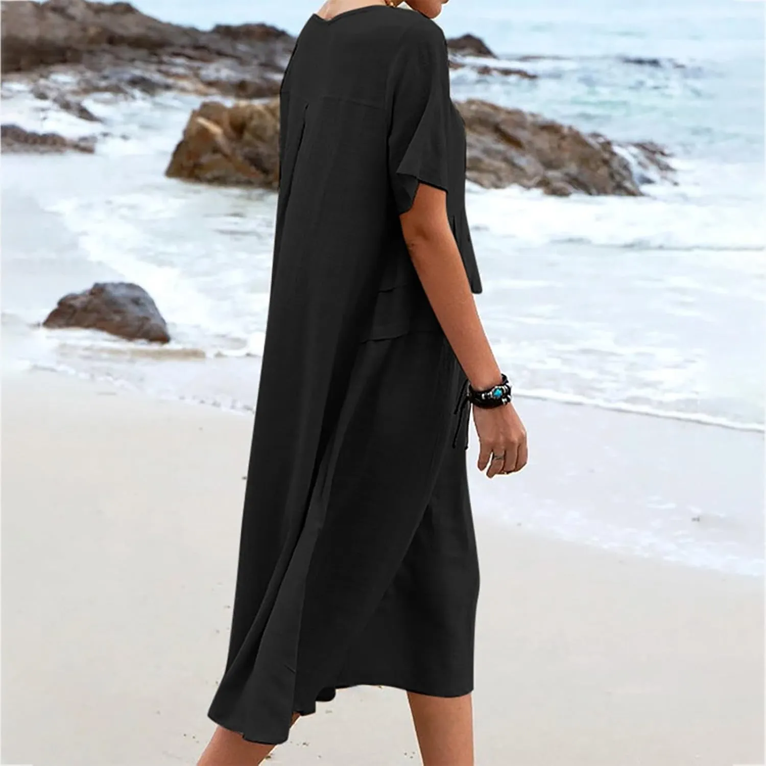 Cotton Linen Dress for Women's Short Sleeve Casual Loose Shift Flowy Summer Midi Dresses Beach Sundresses with Pockets