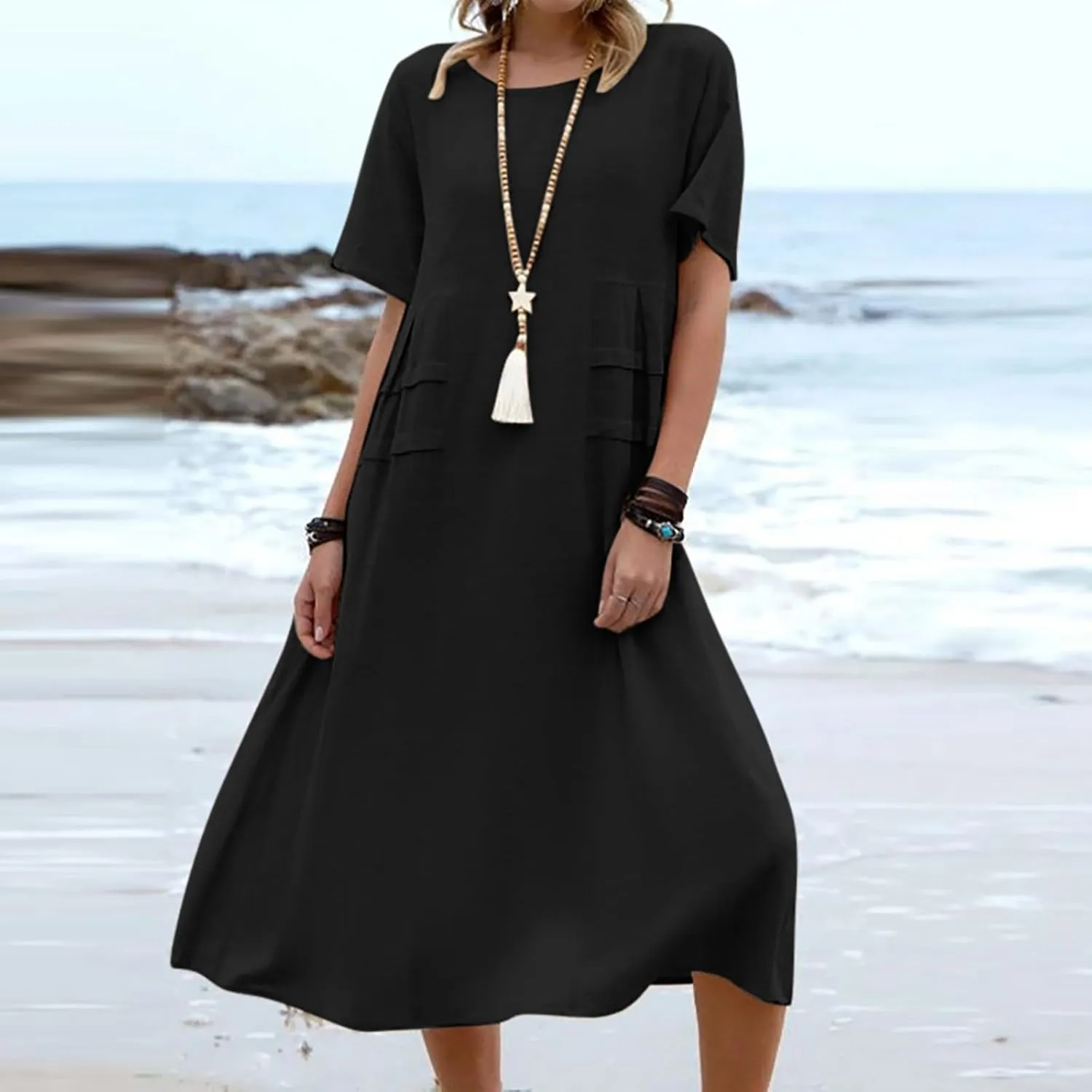 Cotton Linen Dress for Women's Short Sleeve Casual Loose Shift Flowy Summer Midi Dresses Beach Sundresses with Pockets