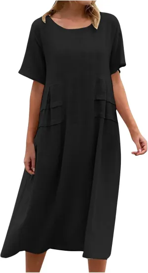 Cotton Linen Dress for Women's Short Sleeve Casual Loose Shift Flowy Summer Midi Dresses Beach Sundresses with Pockets
