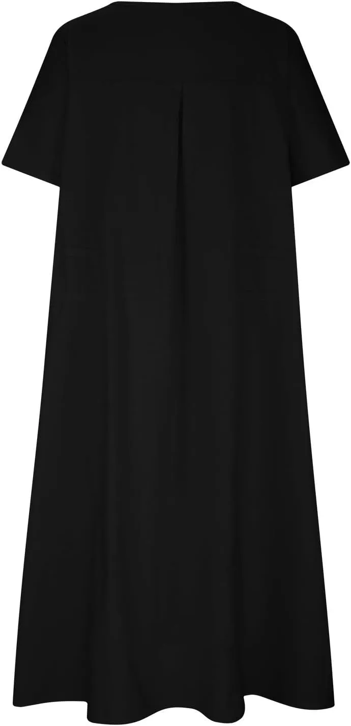 Cotton Linen Dress for Women's Short Sleeve Casual Loose Shift Flowy Summer Midi Dresses Beach Sundresses with Pockets