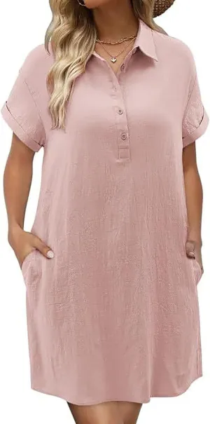Cotton Linen Dresses for Women 2025 Summer Casual Sundress Loose Fit Short Sleeve Vacation Dress with Pockets
