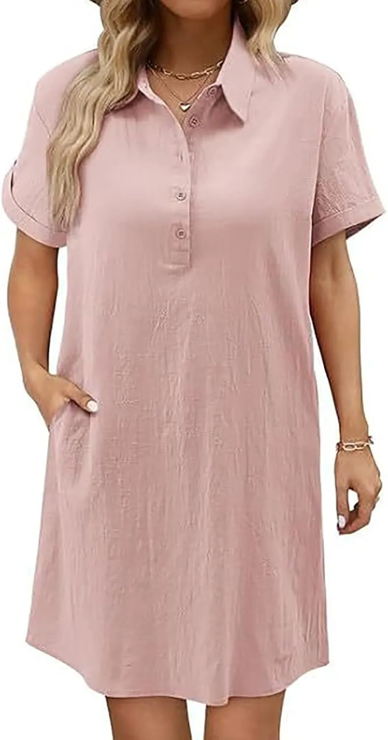 Cotton Linen Dresses for Women 2025 Summer Casual Sundress Loose Fit Short Sleeve Vacation Dress with Pockets