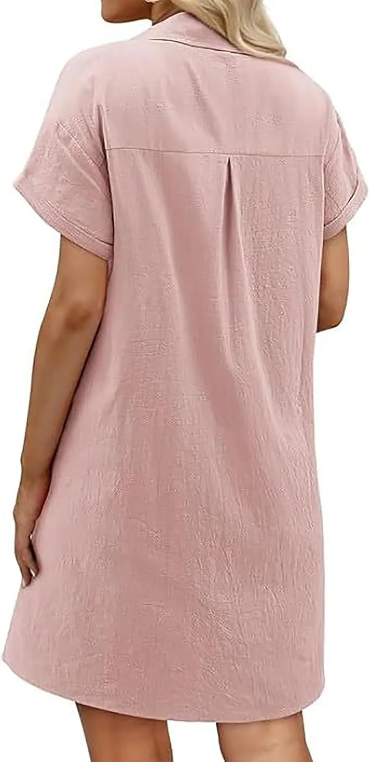 Cotton Linen Dresses for Women 2025 Summer Casual Sundress Loose Fit Short Sleeve Vacation Dress with Pockets