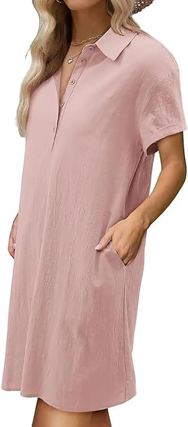 Cotton Linen Dresses for Women 2025 Summer Casual Sundress Loose Fit Short Sleeve Vacation Dress with Pockets