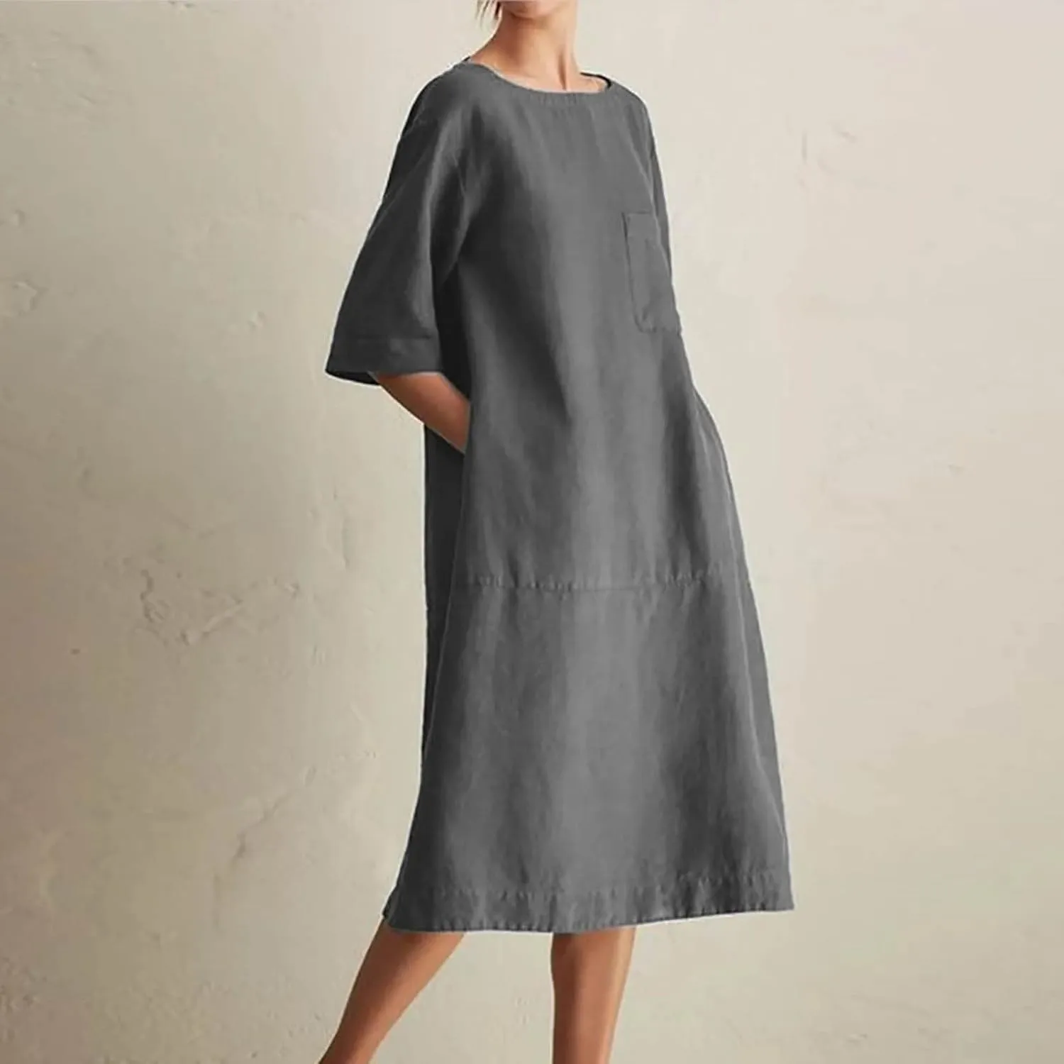 Cotton Linen Dresses for Women Casual Summer 2023 Fashion t-Shirt Midi Dress Half Sleeve Crewneck Loose Baggy Sundress