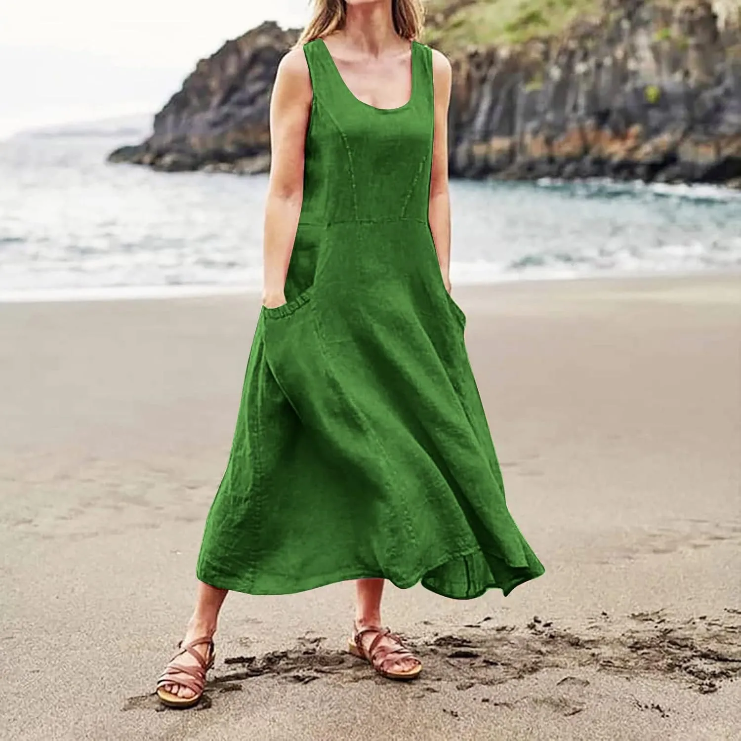 Cotton Linen Dresses for Women,Maxi Sleeveless Dresses Summer Casual Print Cotton Linen Sundress with Pockets (S-3XL)