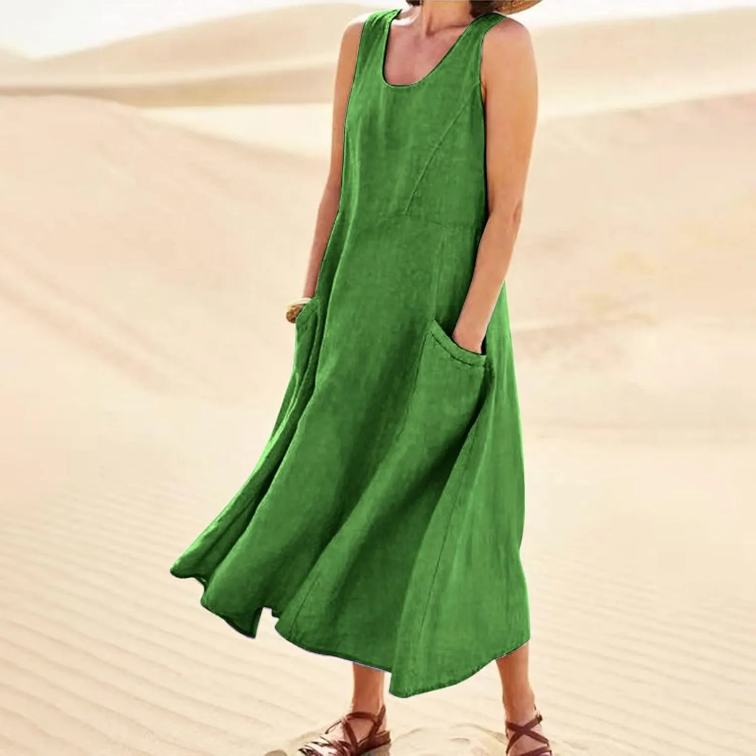 Cotton Linen Dresses for Women,Maxi Sleeveless Dresses Summer Casual Print Cotton Linen Sundress with Pockets (S-3XL)