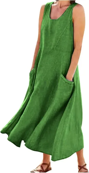 Cotton Linen Dresses for Women,Maxi Sleeveless Dresses Summer Casual Print Cotton Linen Sundress with Pockets (S-3XL)