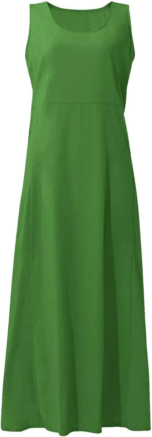 Cotton Linen Dresses for Women,Maxi Sleeveless Dresses Summer Casual Print Cotton Linen Sundress with Pockets (S-3XL)