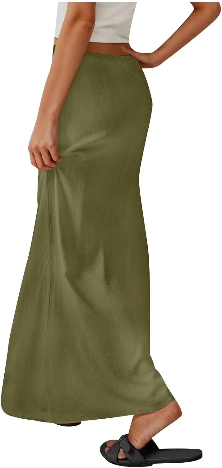 Cotton Linen Maxi Skirts for Women 2025 Drawstring Elastic Waist Dress A Line Cute Vacation Boho Long Flowy Skirts