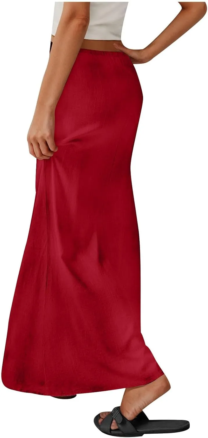Cotton Linen Maxi Skirts for Women 2025 Drawstring Elastic Waist Dress A Line Cute Vacation Boho Long Flowy Skirts