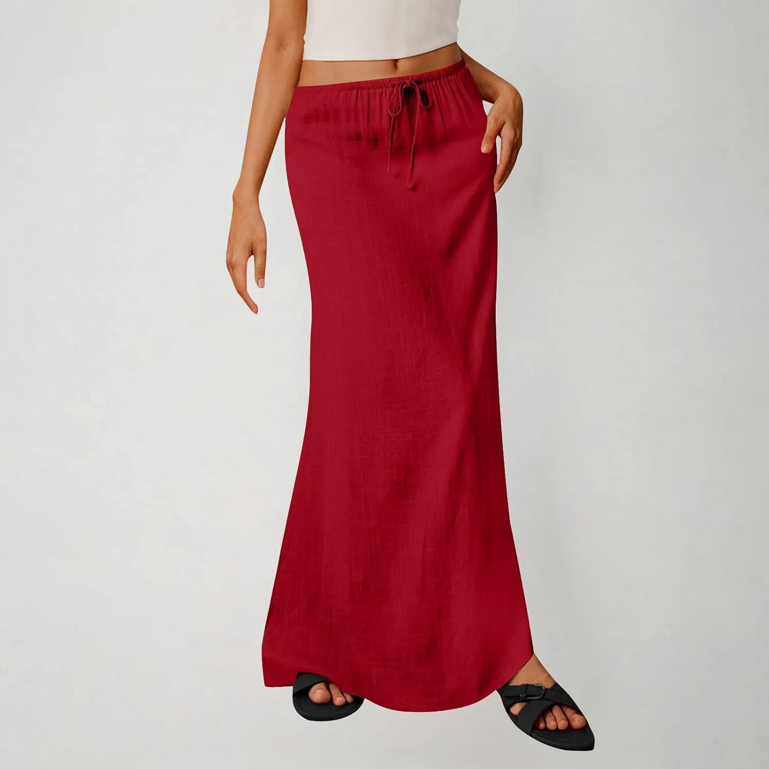 Cotton Linen Maxi Skirts for Women 2025 Drawstring Elastic Waist Dress A Line Cute Vacation Boho Long Flowy Skirts