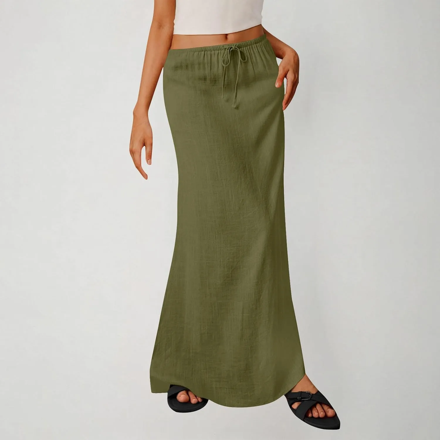 Cotton Linen Maxi Skirts for Women 2025 Drawstring Elastic Waist Dress A Line Cute Vacation Boho Long Flowy Skirts