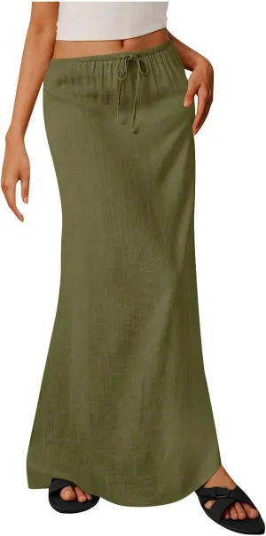 Cotton Linen Maxi Skirts for Women 2025 Drawstring Elastic Waist Dress A Line Cute Vacation Boho Long Flowy Skirts