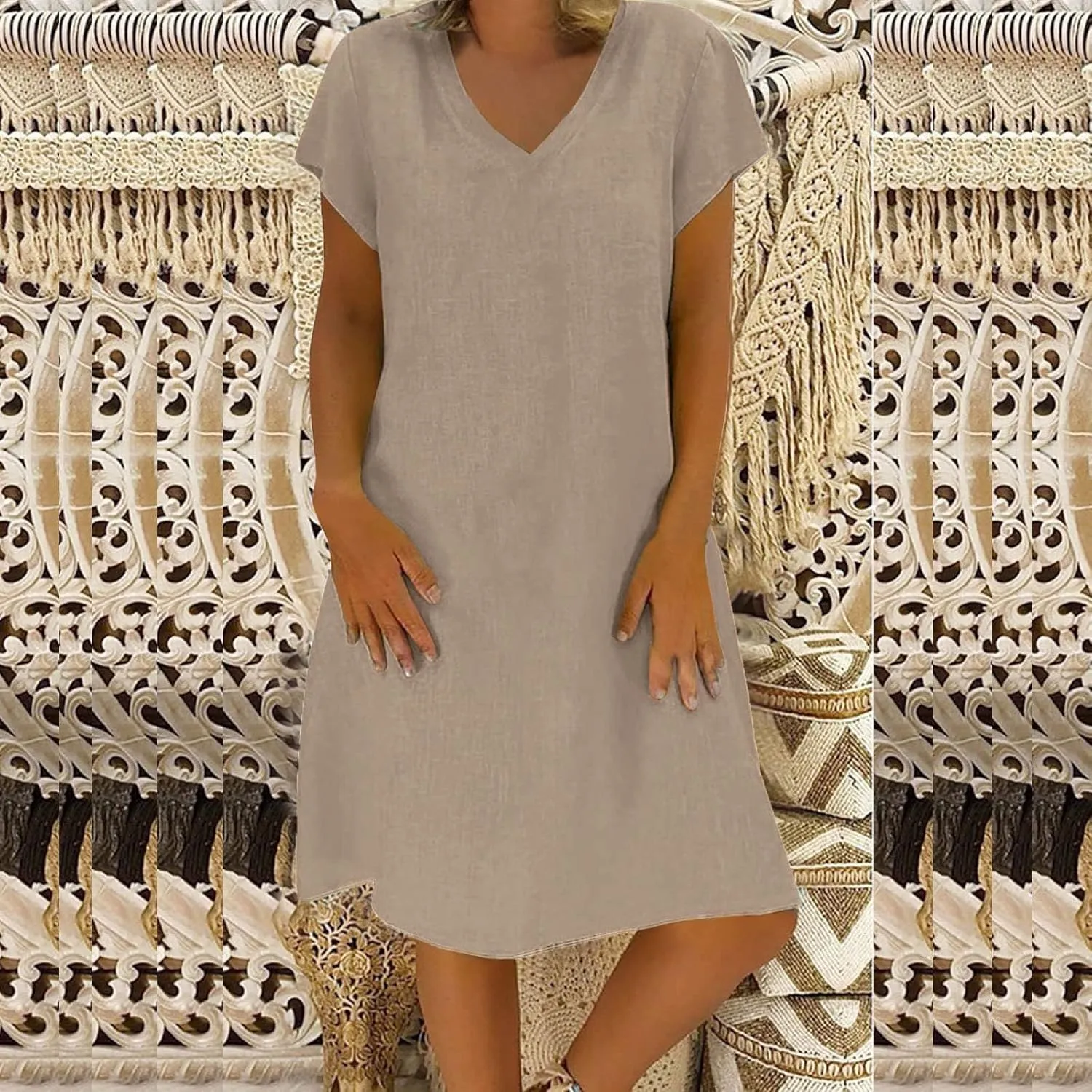 Cotton Linen Mini Dress Short Sleeve V Neck Beach Vacation Dresses Summer Casual Boho Sundress Lounge Solid Clothes