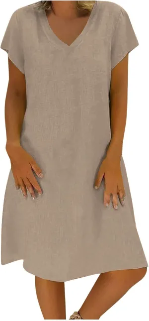 Cotton Linen Mini Dress Short Sleeve V Neck Beach Vacation Dresses Summer Casual Boho Sundress Lounge Solid Clothes