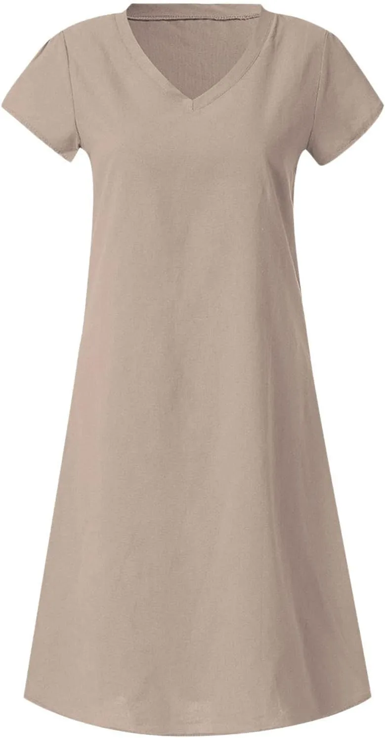 Cotton Linen Mini Dress Short Sleeve V Neck Beach Vacation Dresses Summer Casual Boho Sundress Lounge Solid Clothes