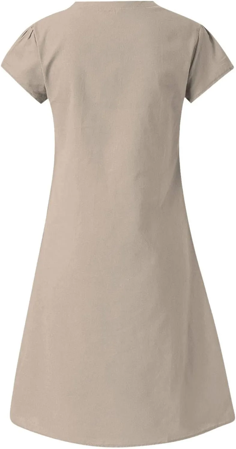 Cotton Linen Mini Dress Short Sleeve V Neck Beach Vacation Dresses Summer Casual Boho Sundress Lounge Solid Clothes