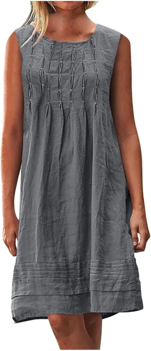 Cotton Linen Sundresses for Women Plus Size Sleeveless Crewneck Pleated Shift Tank Dress Casual Summer Beach Dresses