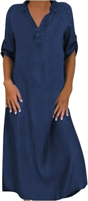 Cotton Linen V-Neck Midi Dress, 2025 Summer Casual Loose Dress Solid Flowy Bohemian Beach Dresses