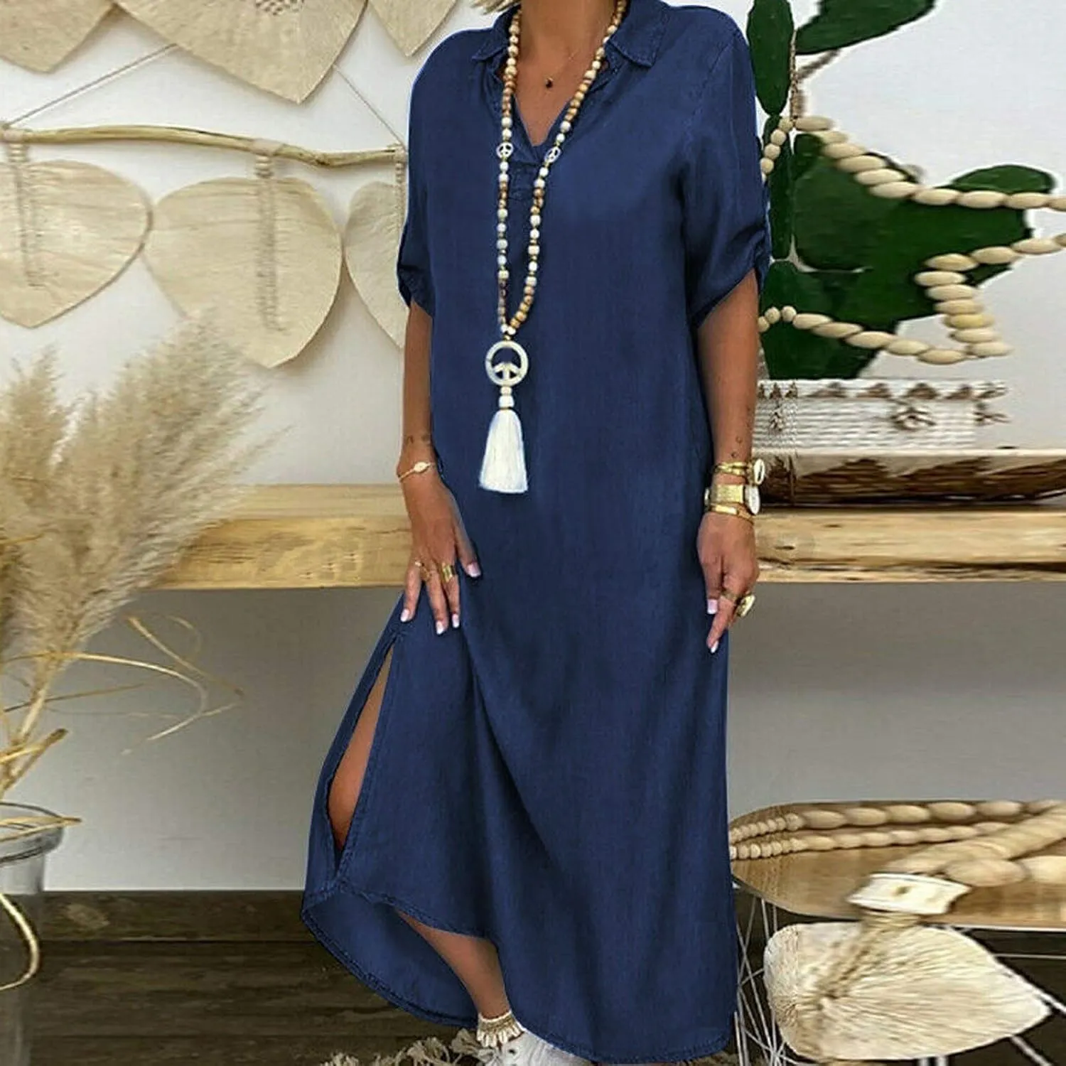 Cotton Linen V-Neck Midi Dress, 2025 Summer Casual Loose Dress Solid Flowy Bohemian Beach Dresses