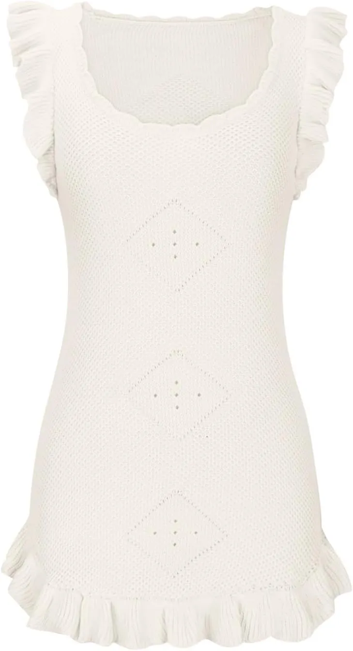 Crochet Summer Dresses for Women Sleeveless Ruffle Mini Tank Dress Casual Knitted Beach Sundresses Homecoming Dress