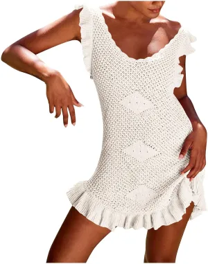 Crochet Summer Dresses for Women Sleeveless Ruffle Mini Tank Dress Casual Knitted Beach Sundresses Homecoming Dress