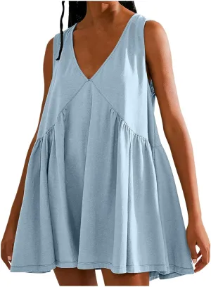 Cute Babydoll Dresses for Women 2024 Fashion Sleeveless Summer Mini Dress Casual Loose Ruffle Flowy Beach Sundress