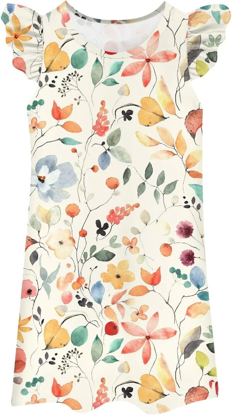 Cute Dresses for Women Spring Summer Floral Printed Crew Neck Ruffled Sleeves Midi Beach Sundress Loose Daily Dress
