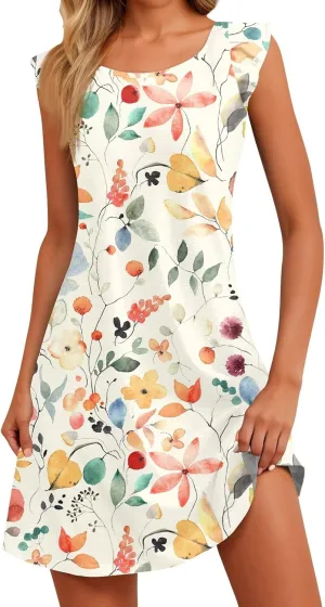 Cute Dresses for Women Spring Summer Floral Printed Crew Neck Ruffled Sleeves Midi Beach Sundress Loose Daily Dress