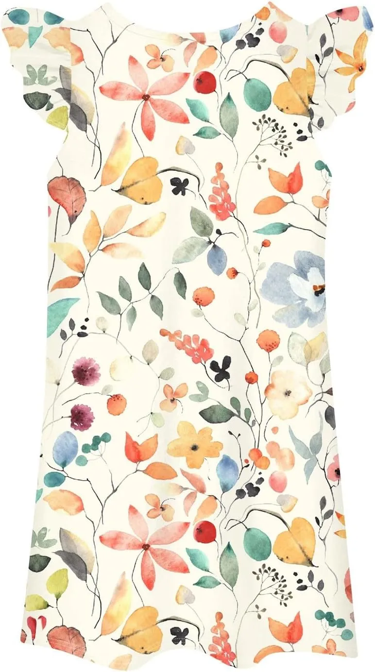 Cute Dresses for Women Spring Summer Floral Printed Crew Neck Ruffled Sleeves Midi Beach Sundress Loose Daily Dress