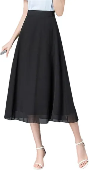 DBFBDTU Chiffon Back Elastic High Waist Solid Color Long Skirts Summer Women Midi Skirts Office Lady Loose Skirts