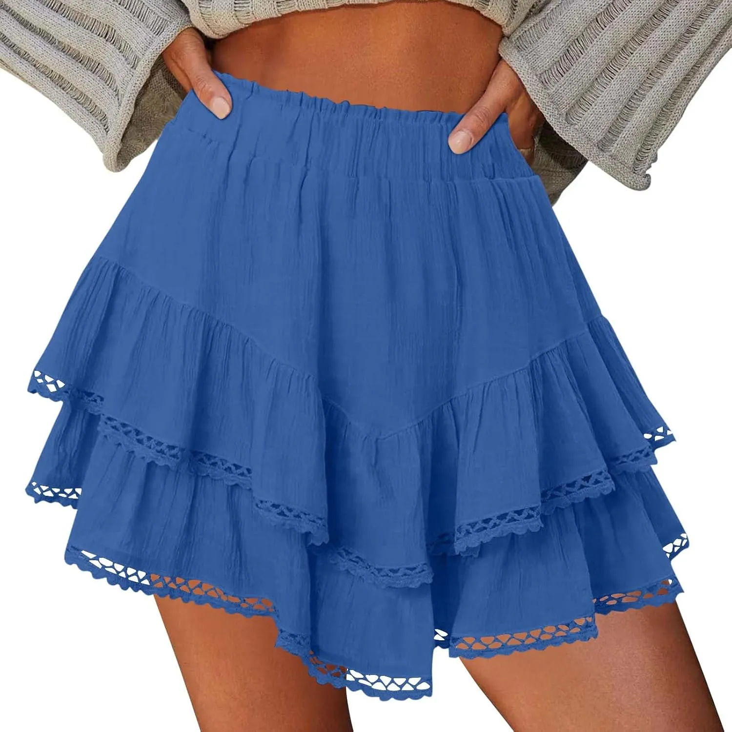 DDAPJ pyju Flowy Shorts for Women Summer Casual Boho Ruffle Tiered Skorts High Waist Mini Skirts Crochet Golf Tennis Skirts