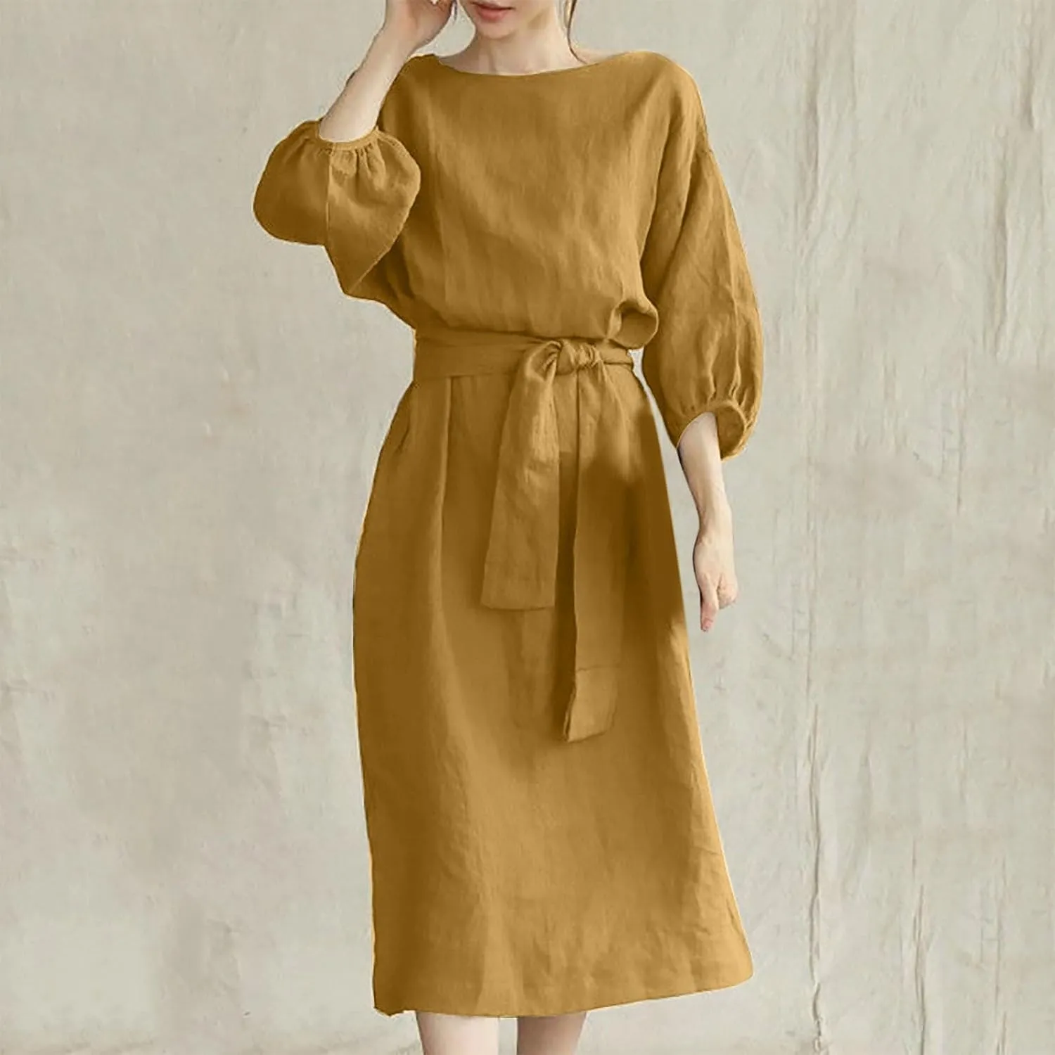 DDAPJ pyju Summer Midi Dresses for Women Plus Size Casual Half Sleeve Belted Crewneck Tshirt Dress Plain Beach Travel Dress