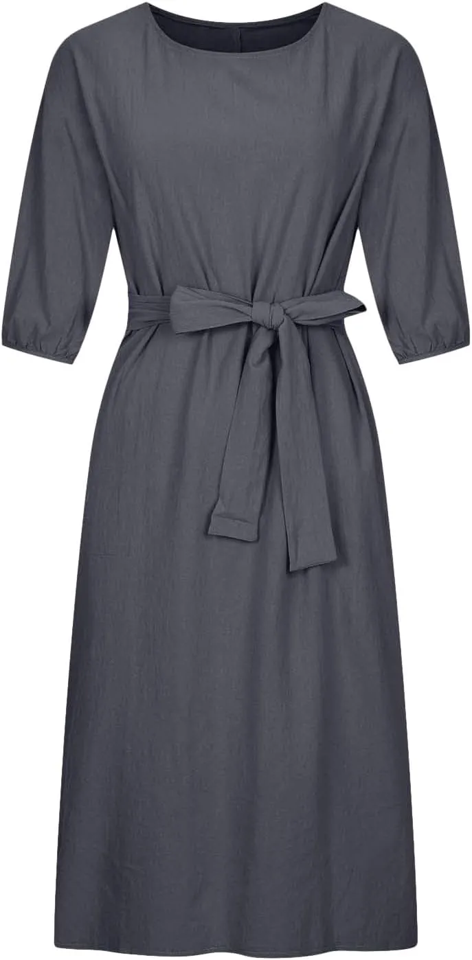 DDAPJ pyju Summer Midi Dresses for Women Plus Size Casual Half Sleeve Belted Crewneck Tshirt Dress Plain Beach Travel Dress