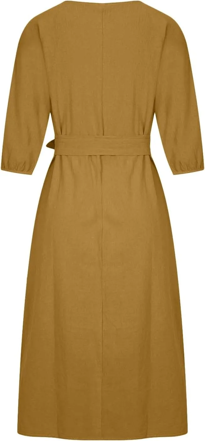 DDAPJ pyju Summer Midi Dresses for Women Plus Size Casual Half Sleeve Belted Crewneck Tshirt Dress Plain Beach Travel Dress