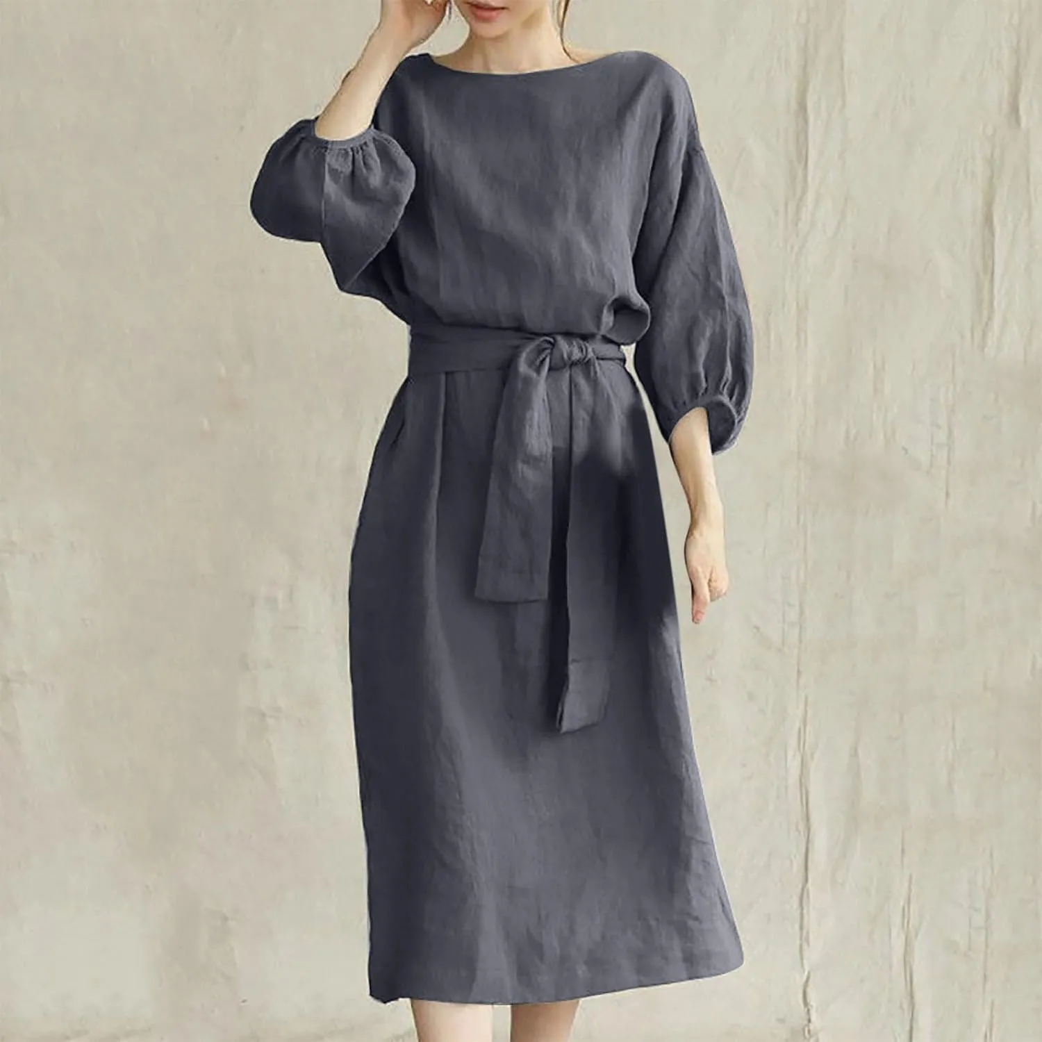 DDAPJ pyju Summer Midi Dresses for Women Plus Size Casual Half Sleeve Belted Crewneck Tshirt Dress Plain Beach Travel Dress