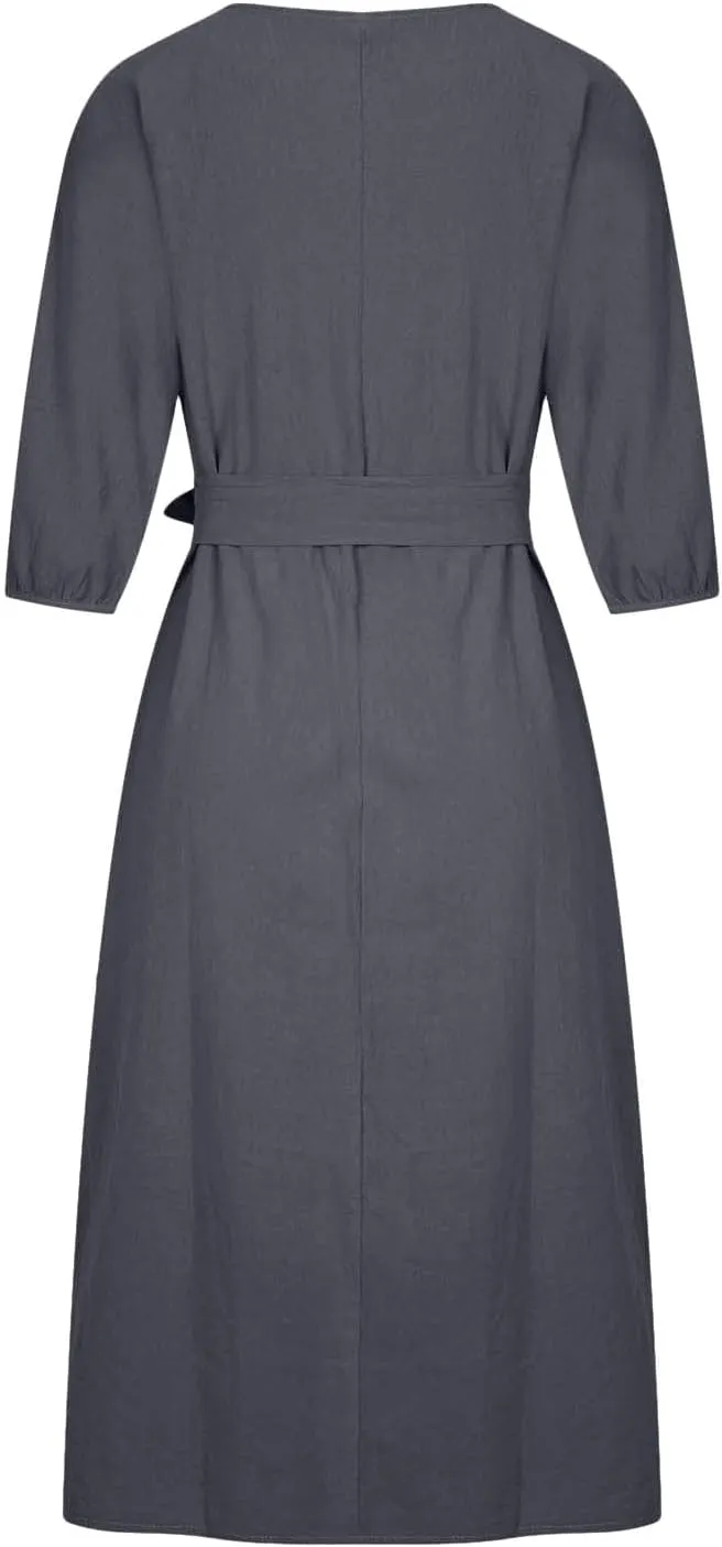 DDAPJ pyju Summer Midi Dresses for Women Plus Size Casual Half Sleeve Belted Crewneck Tshirt Dress Plain Beach Travel Dress