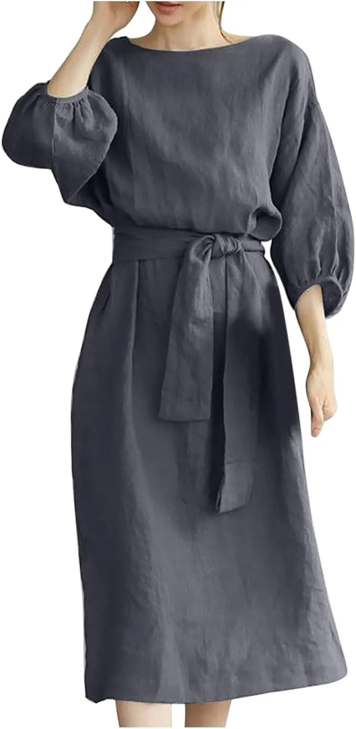 DDAPJ pyju Summer Midi Dresses for Women Plus Size Casual Half Sleeve Belted Crewneck Tshirt Dress Plain Beach Travel Dress