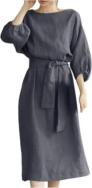 DDAPJ pyju Summer Midi Dresses for Women Plus Size Casual Half Sleeve Belted Crewneck Tshirt Dress Plain Beach Travel Dress