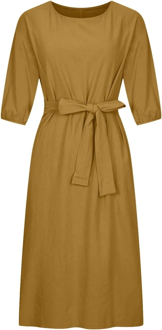 DDAPJ pyju Summer Midi Dresses for Women Plus Size Casual Half Sleeve Belted Crewneck Tshirt Dress Plain Beach Travel Dress